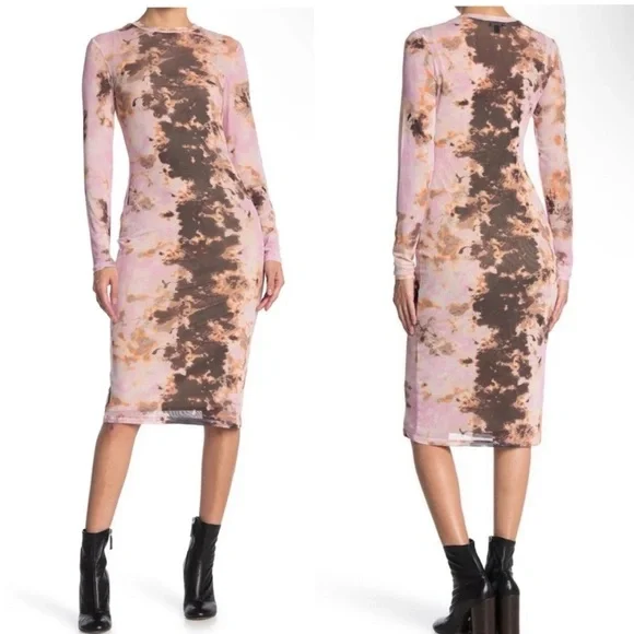 AFRM Mesh Bodycon Long Sleeve Midi Dress Medium Tie Dye Pink NWOT 134 - Picture 1 of 4